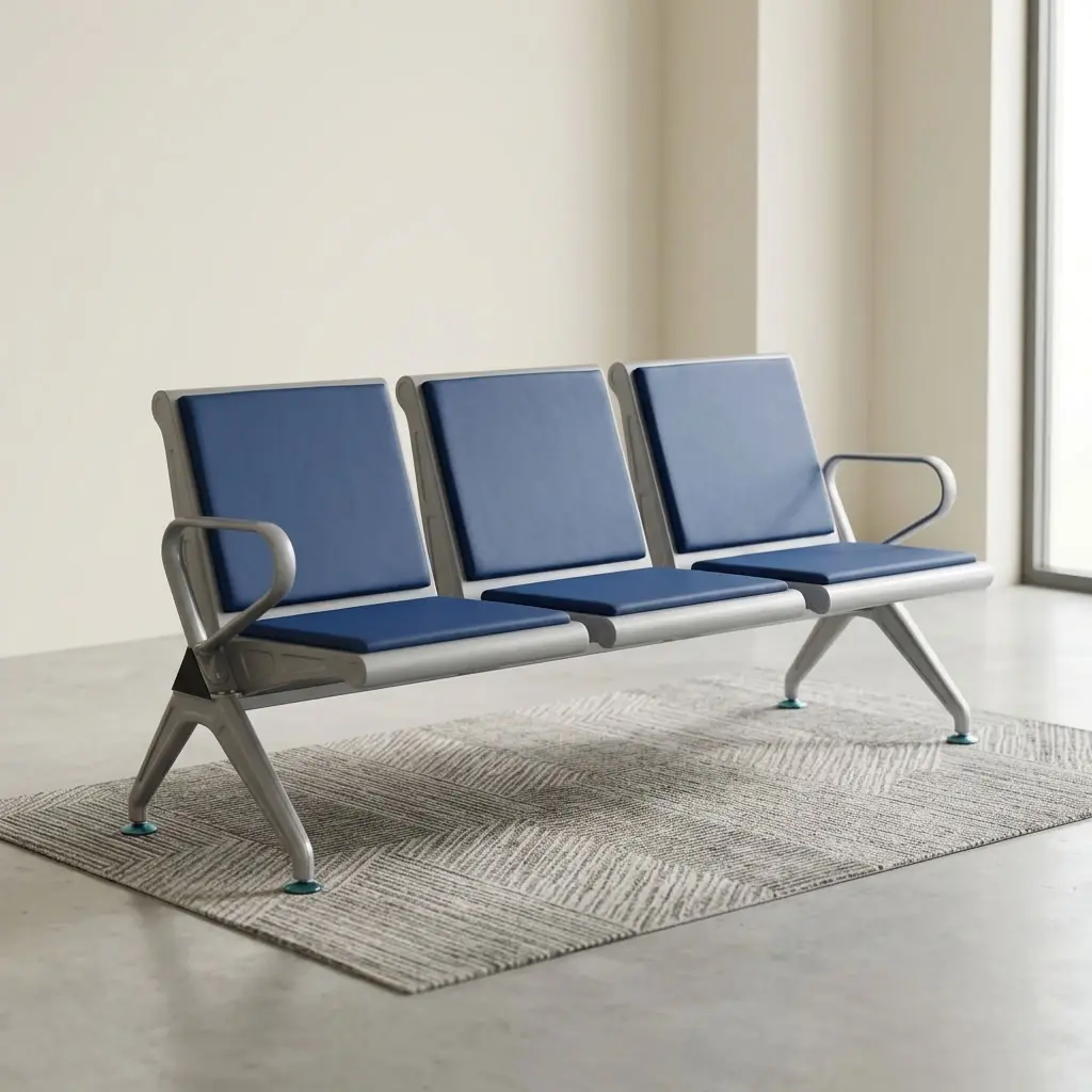 3 Link Padded Visitor Bench with blue padded seats, backrests, armrests, and sturdy metal frame