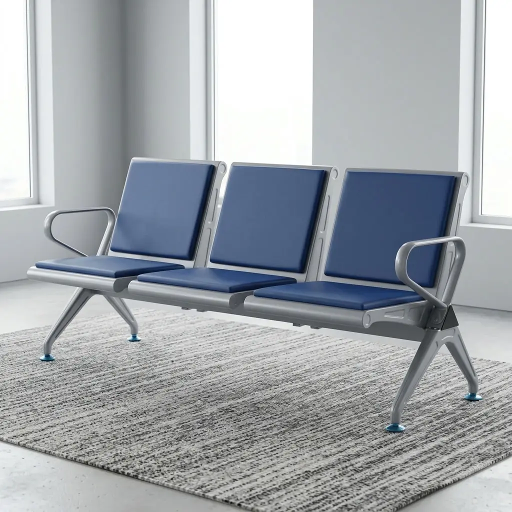 3 Link Padded Visitor Bench with blue padded seats, backrests, armrests, and sturdy metal frame