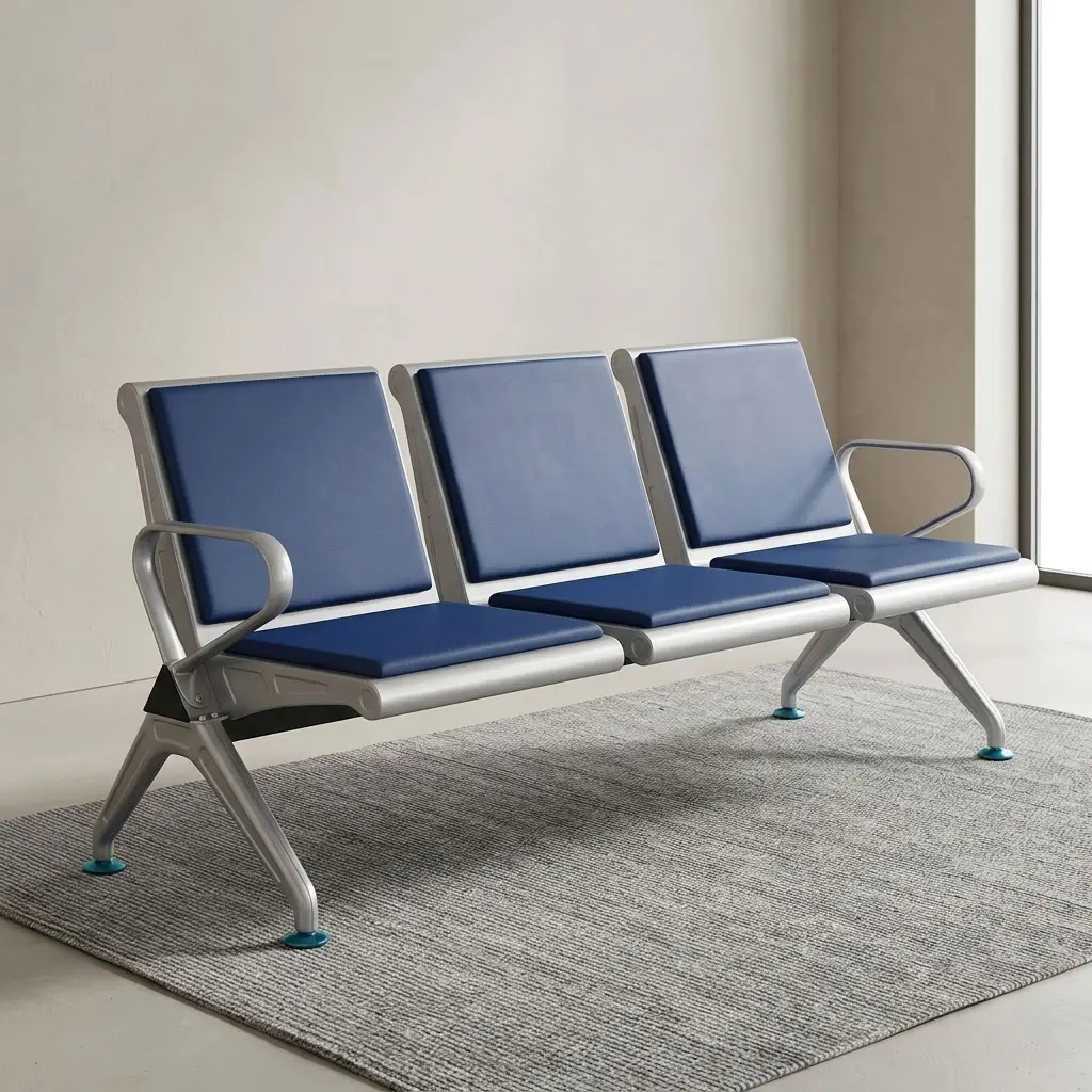 3 Link Padded Visitor Bench with blue padded seats, backrests, armrests, and sturdy metal frame