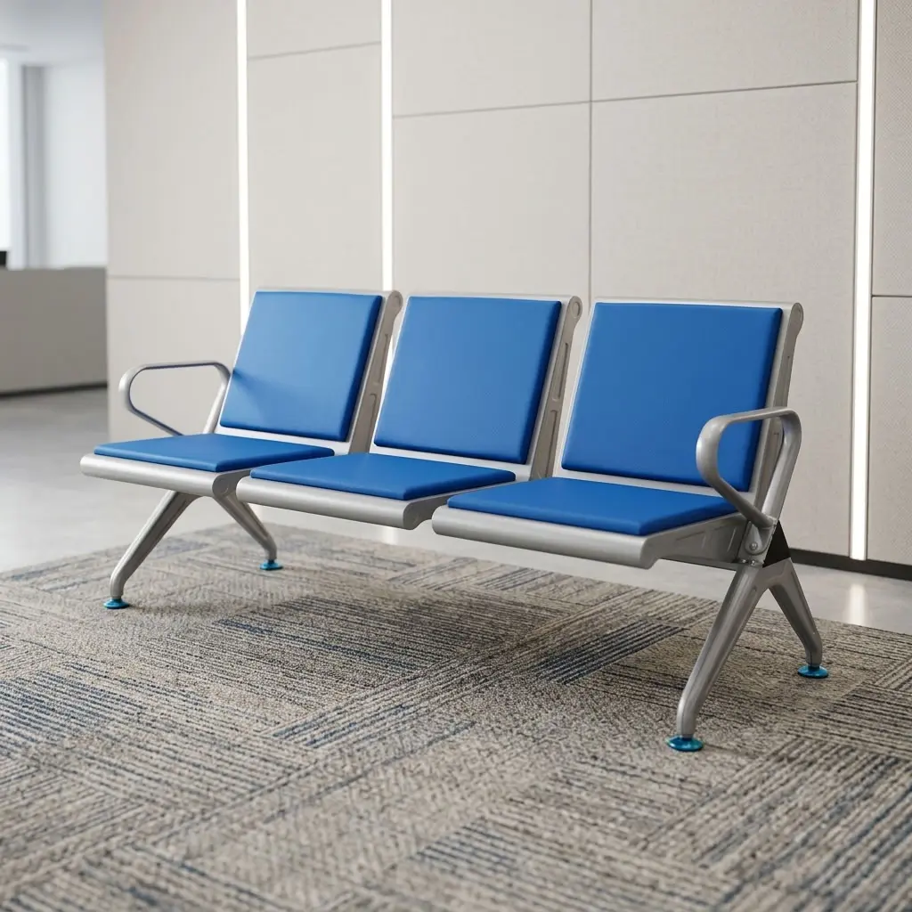 3 Link Padded Visitor Bench with blue padded seats, backrests, armrests, and sturdy metal frame
