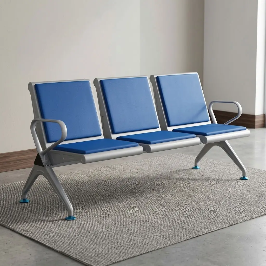 3 Link Padded Visitor Bench with blue padded seats, backrests, armrests, and sturdy metal frame