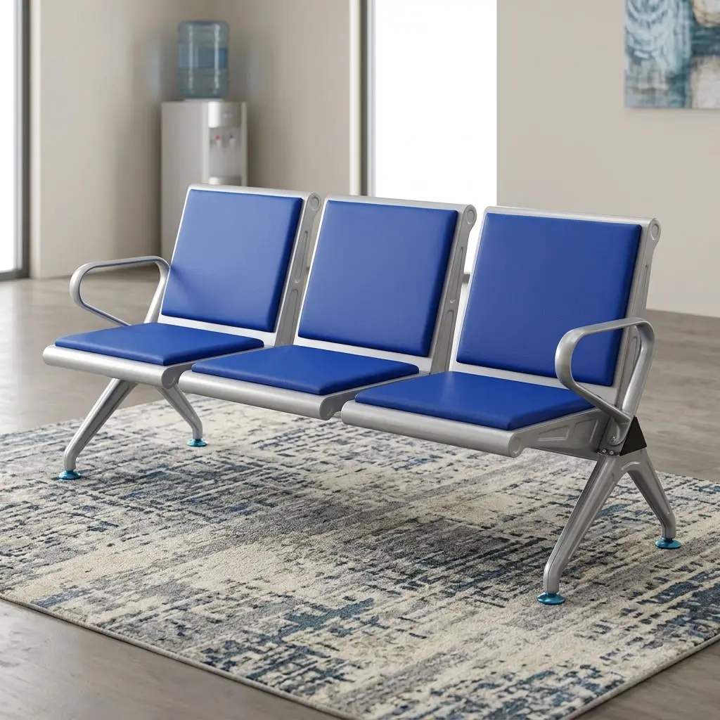 3 Link Padded Visitor Bench with blue padded seats, backrests, armrests, and sturdy metal frame
