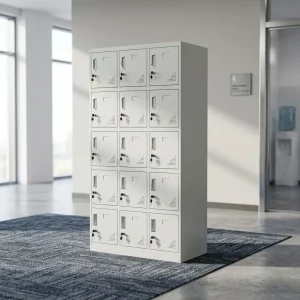 15-Locker Steel Office Cabinet with individual lockable compartments and ventilation openings