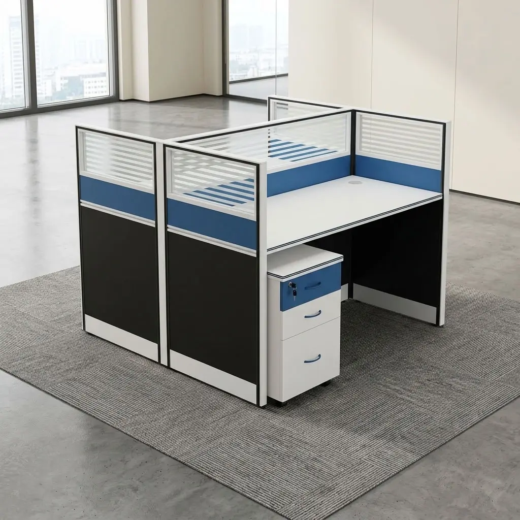 2-Way Modular Office Workstation with privacy panels, spacious desks, and mobile storage pedestal