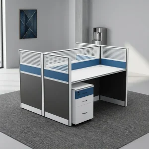 2-Way Modular Office Workstation with privacy panels, spacious desks, and mobile storage pedestal