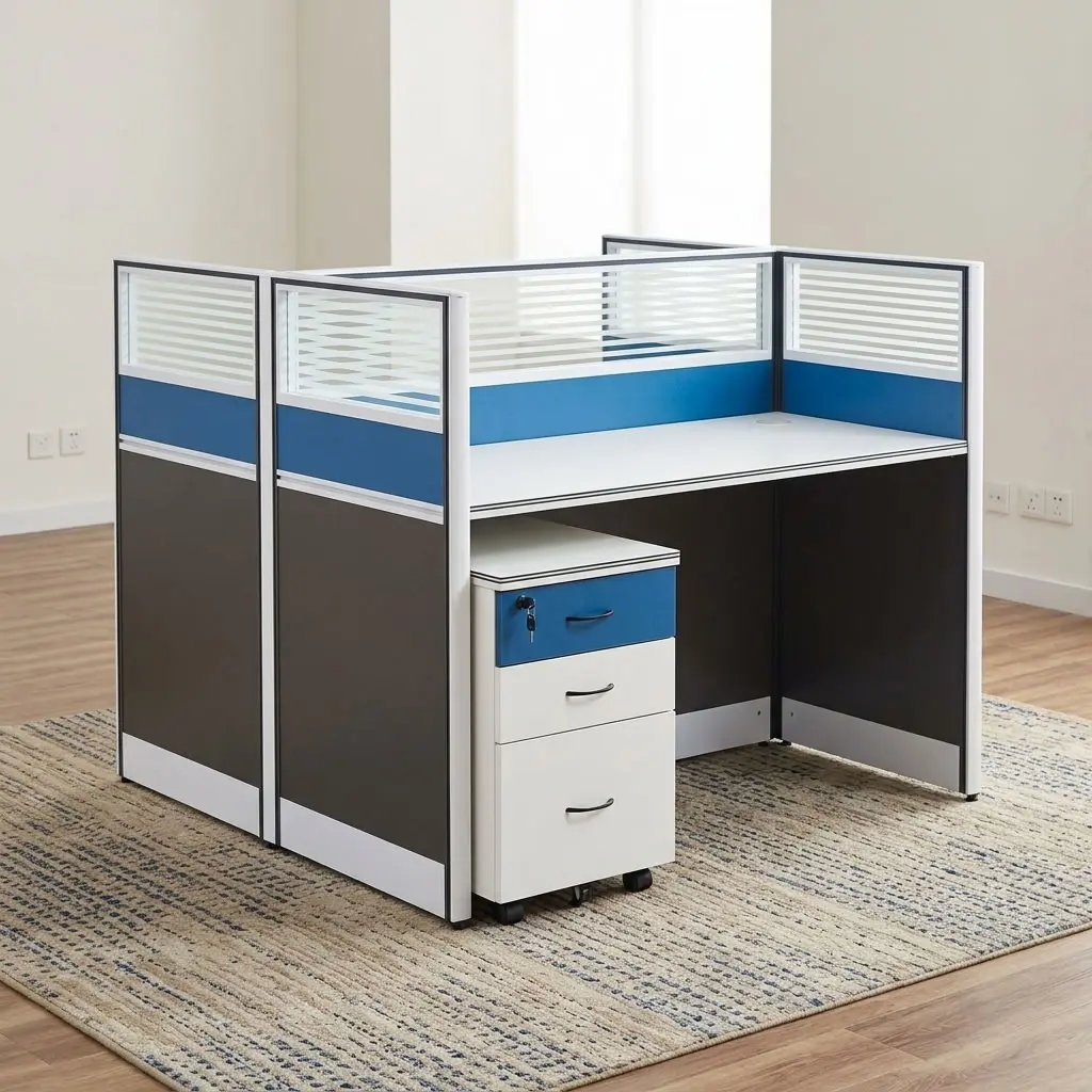 2-Way Modular Office Workstation with privacy panels, spacious desks, and mobile storage pedestal