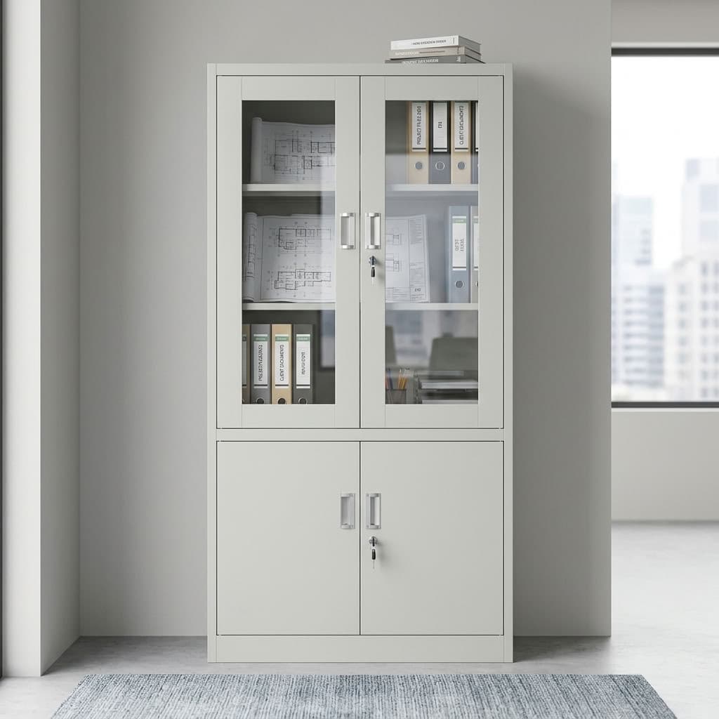 Adjustable Shelf Storage Cabinet with lockable glass doors, adjustable shelves, and enclosed office storage
