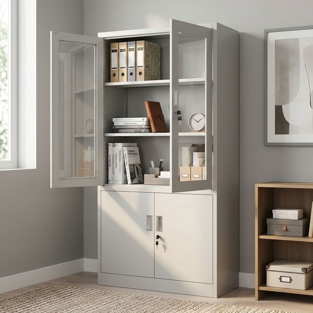 Adjustable Shelf Storage Cabinet with lockable glass doors, adjustable shelves, and enclosed office storage