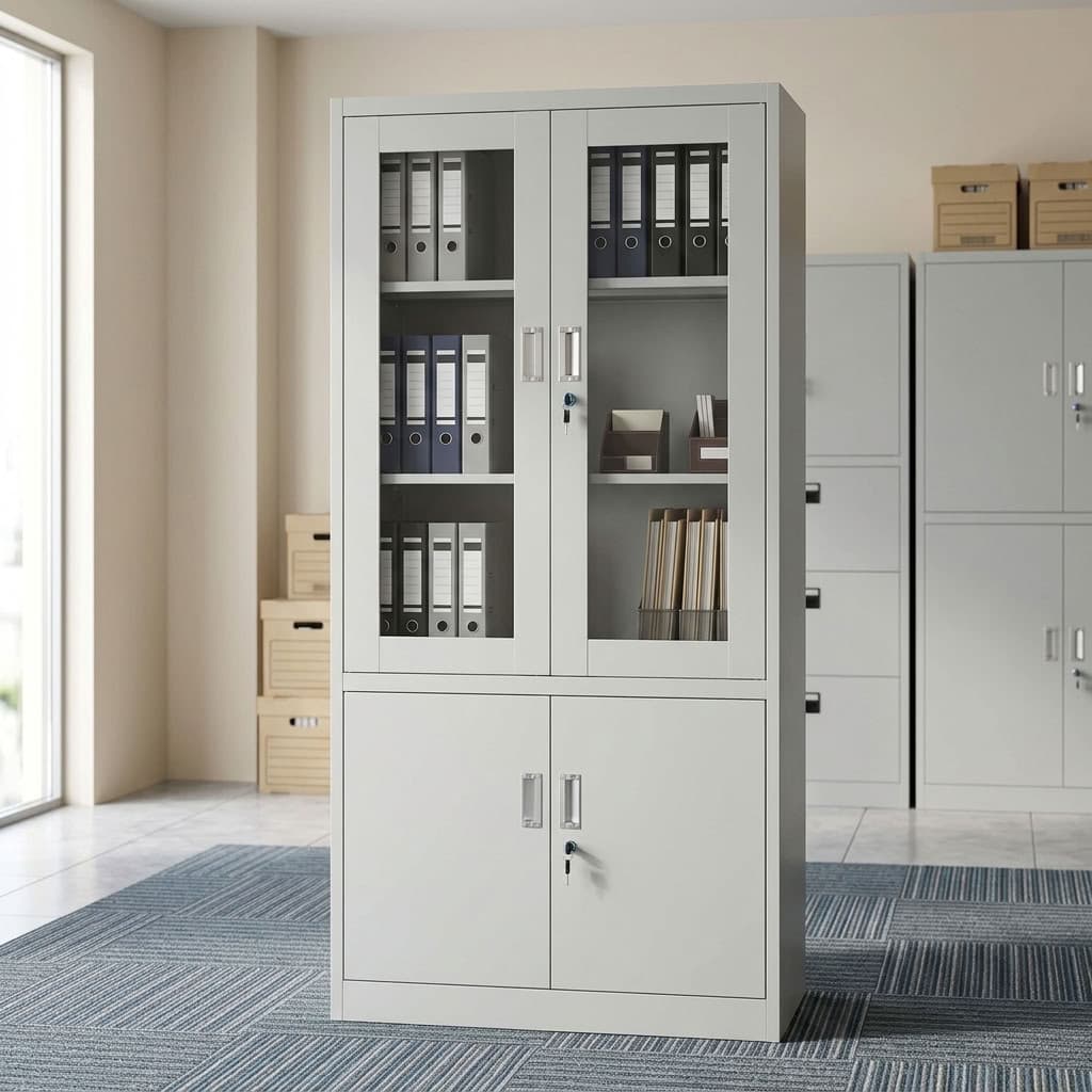 Adjustable Shelf Storage Cabinet with lockable glass doors, adjustable shelves, and enclosed office storage