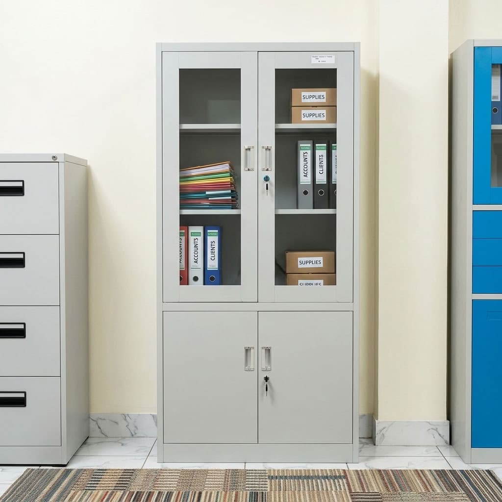 Adjustable Shelf Storage Cabinet with lockable glass doors, adjustable shelves, and enclosed office storage