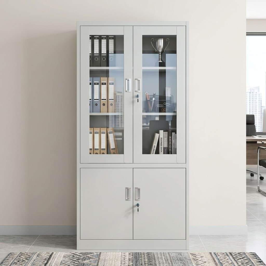 Adjustable Shelf Storage Cabinet with lockable glass doors, adjustable shelves, and enclosed office storage