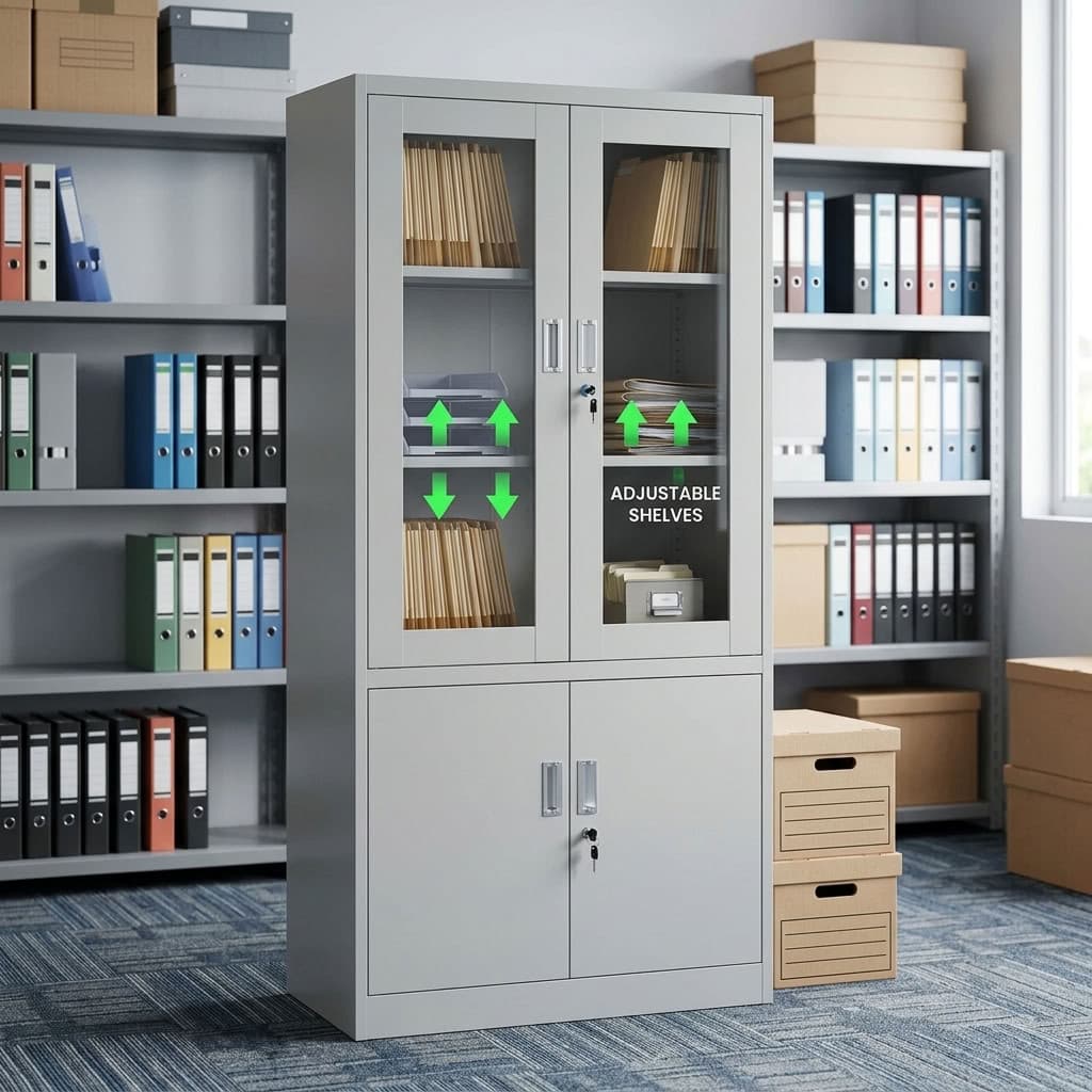 Adjustable Shelf Storage Cabinet with lockable glass doors, adjustable shelves, and enclosed office storage