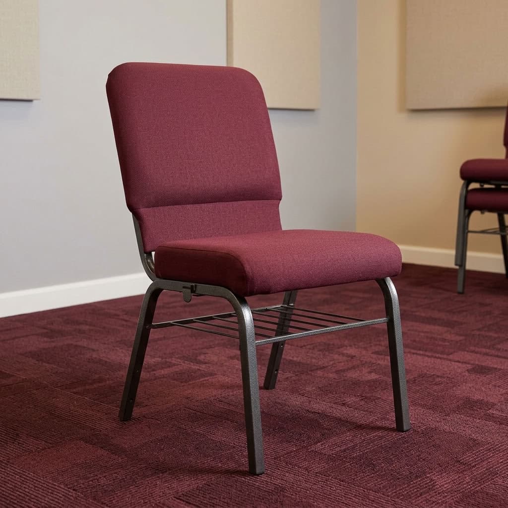Commercial Auditorium Hall Chair with padded seat, upholstered backrest, metal frame, and under-seat storage