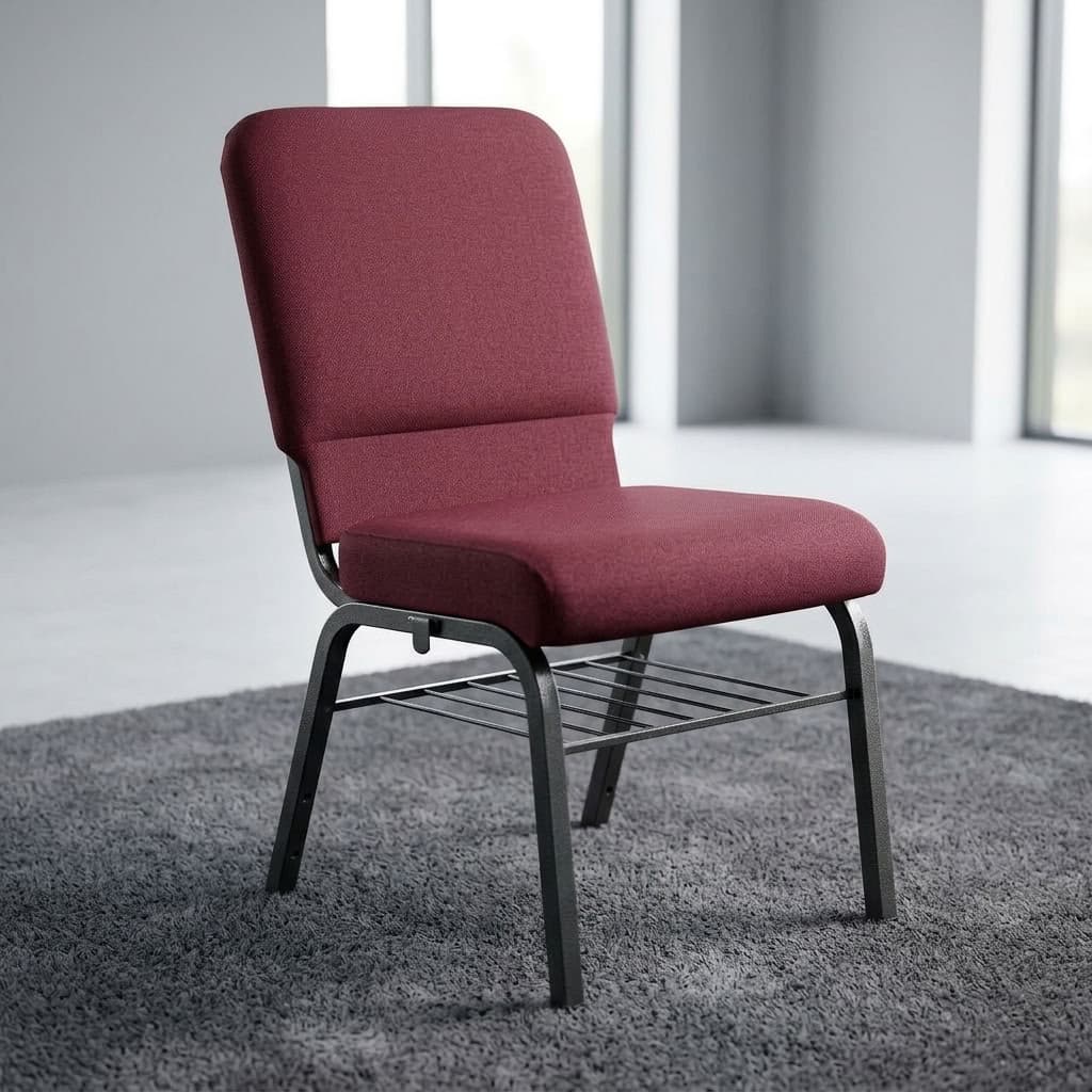Commercial Auditorium Hall Chair with padded seat, upholstered backrest, metal frame, and under-seat storage