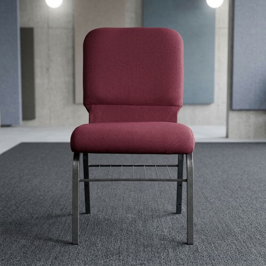 Commercial Auditorium Hall Chair with padded seat, upholstered backrest, metal frame, and under-seat storage