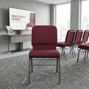 Commercial Auditorium Hall Chair with padded seat, upholstered backrest, metal frame, and under-seat storage