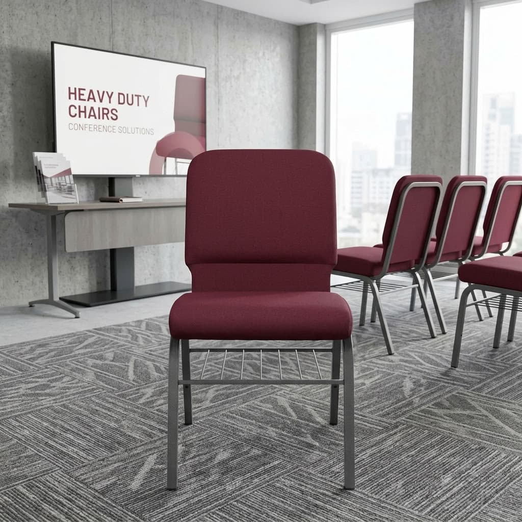 Commercial Auditorium Hall Chair with padded seat, upholstered backrest, metal frame, and under-seat storage
