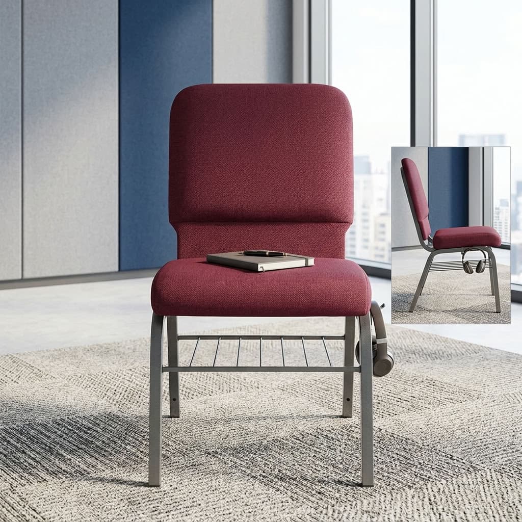 Commercial Auditorium Hall Chair with padded seat, upholstered backrest, metal frame, and under-seat storage