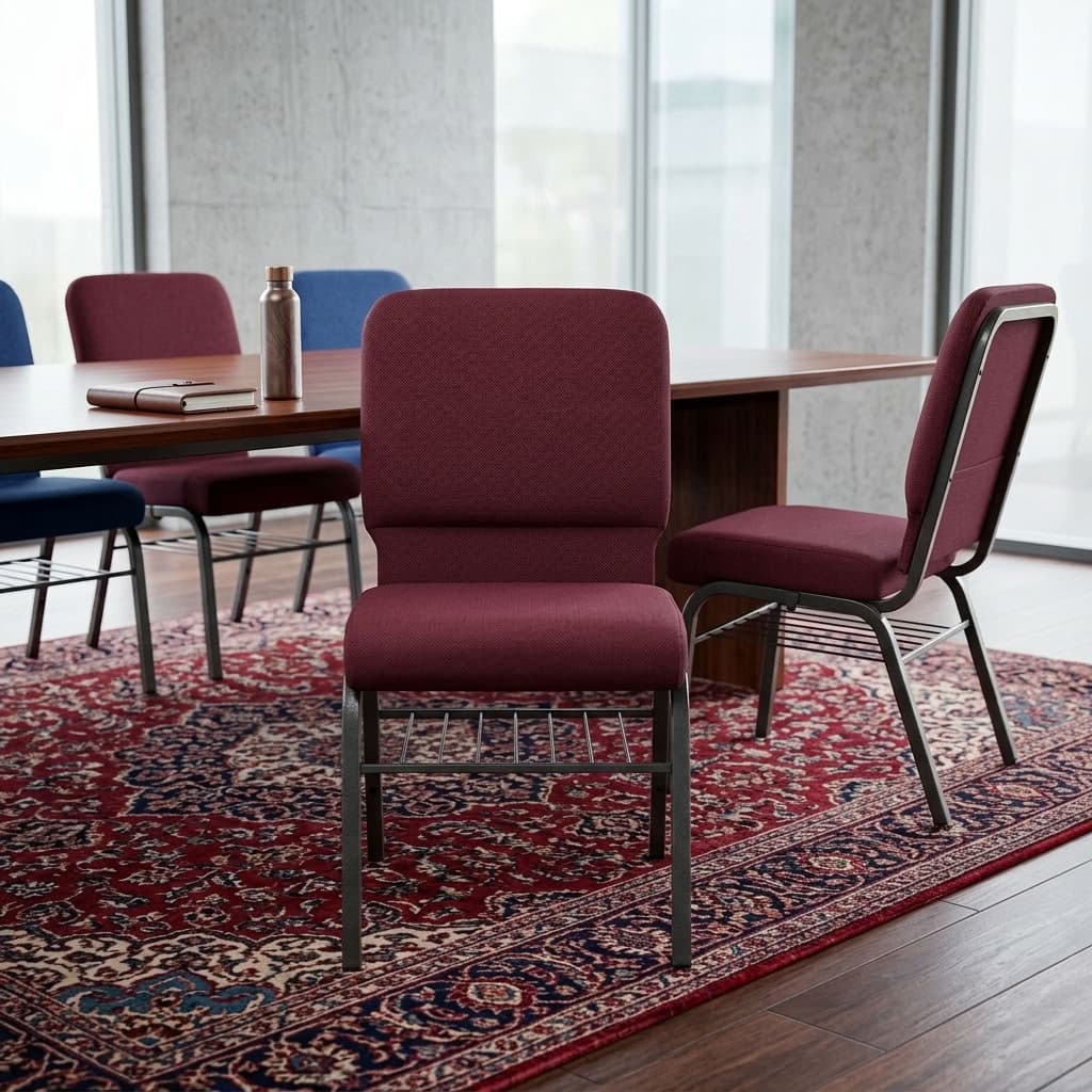 Commercial Auditorium Hall Chair with padded seat, upholstered backrest, metal frame, and under-seat storage