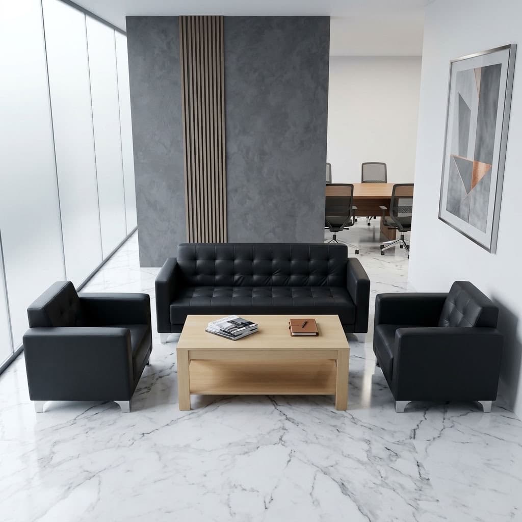 Corporate Reception Area Sofa set with black padded seating for office and executive waiting areas