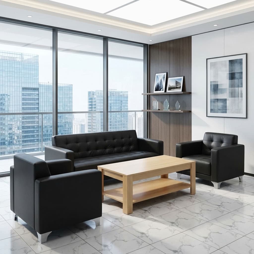 Corporate Reception Area Sofa set with black padded seating for office and executive waiting areas