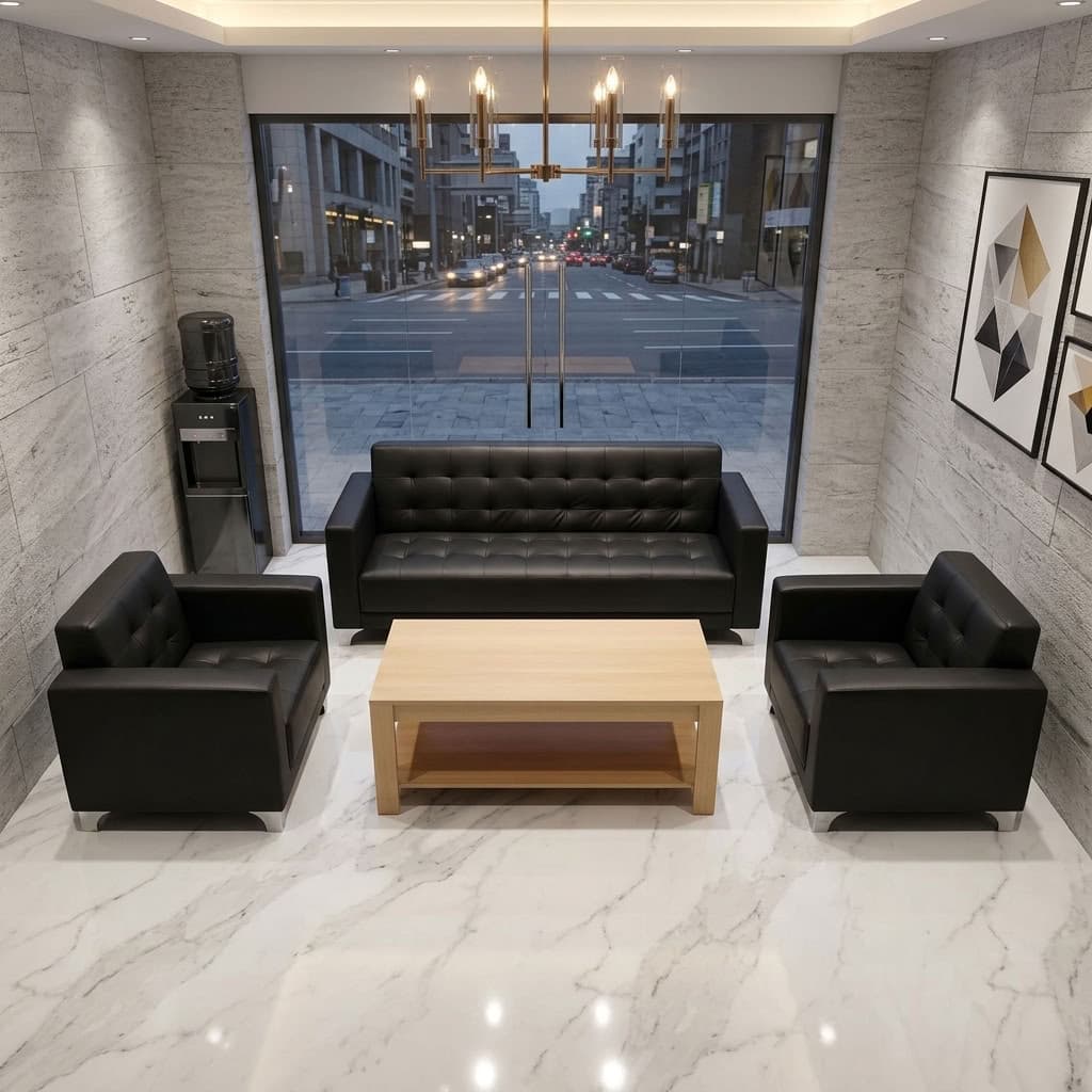 Corporate Reception Area Sofa set with black padded seating for office and executive waiting areas