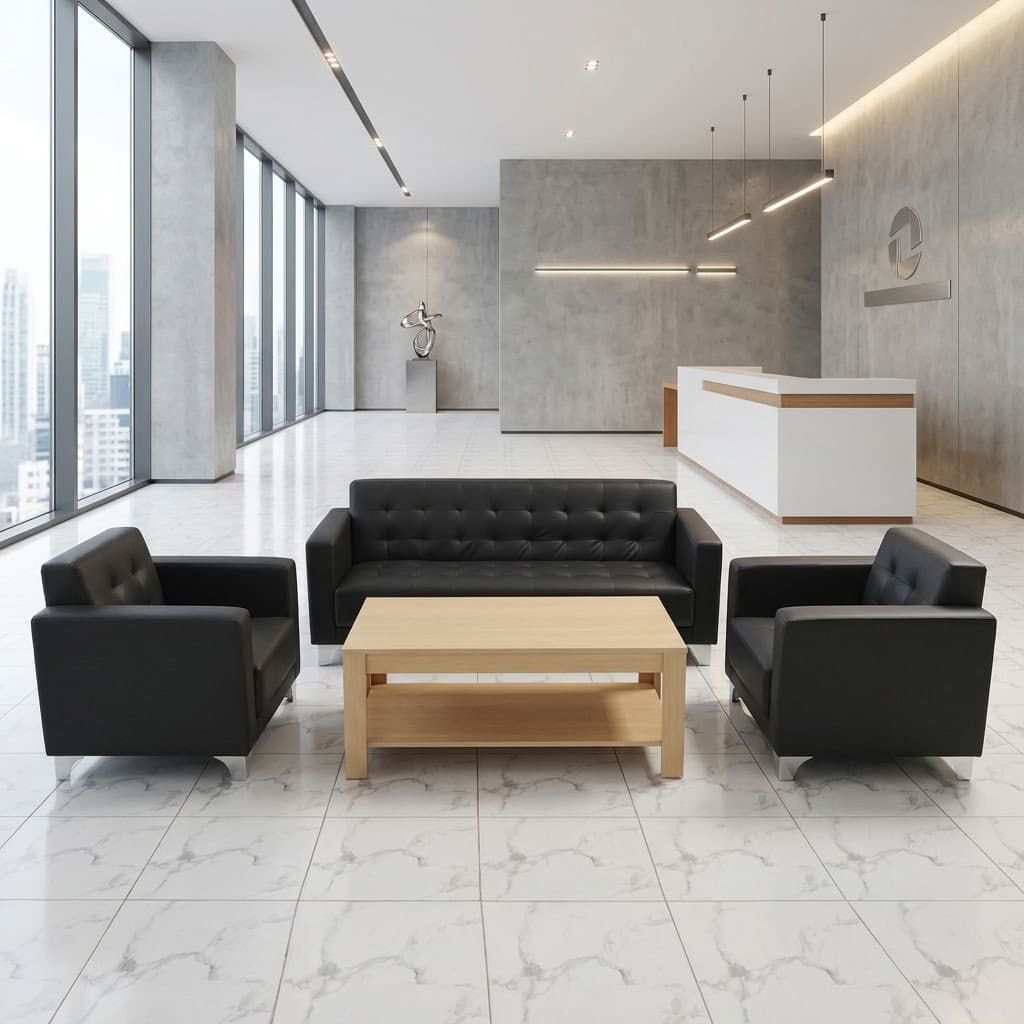 Corporate Reception Area Sofa set with black padded seating for office and executive waiting areas