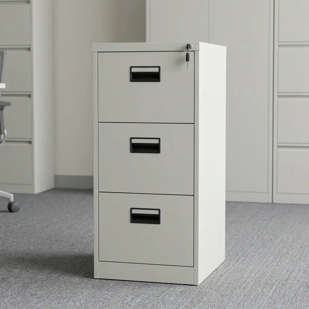 3-Drawer Metallic Filing Cabinet with lockable drawers for secure office document storage