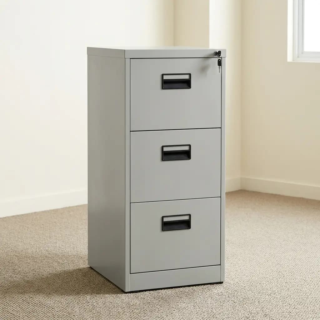 3-Drawer Metallic Filing Cabinet with lockable drawers for secure office document storage