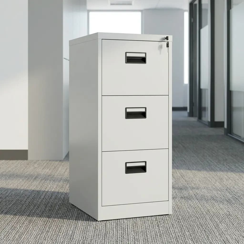 3-Drawer Metallic Filing Cabinet with lockable drawers for secure office document storage