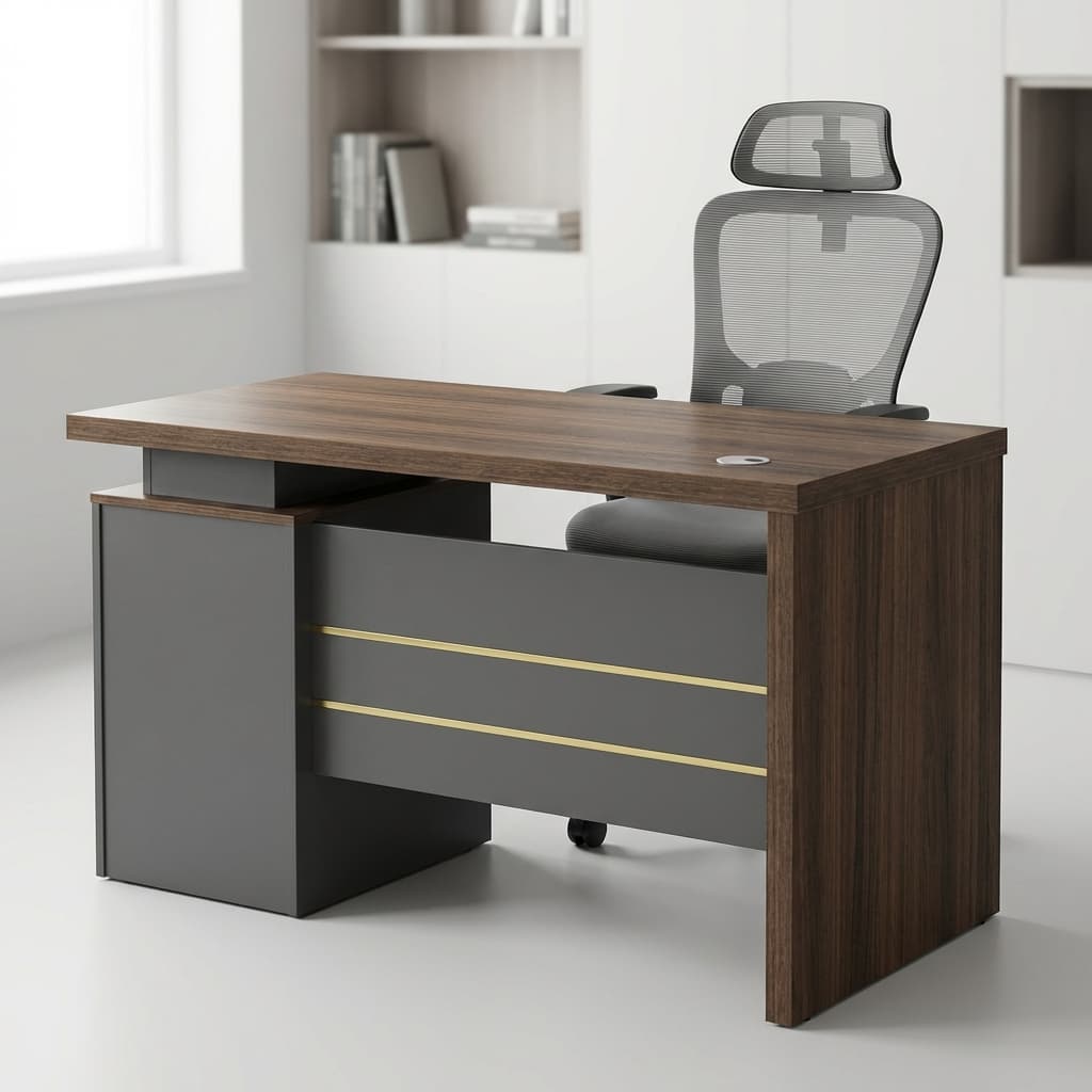Executive Office Desk 120cm with 3 Drawers, modern wood-grain finish and gray executive design