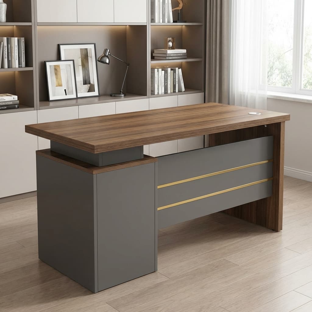Executive Office Desk 120cm with 3 Drawers, modern wood-grain finish and gray executive design