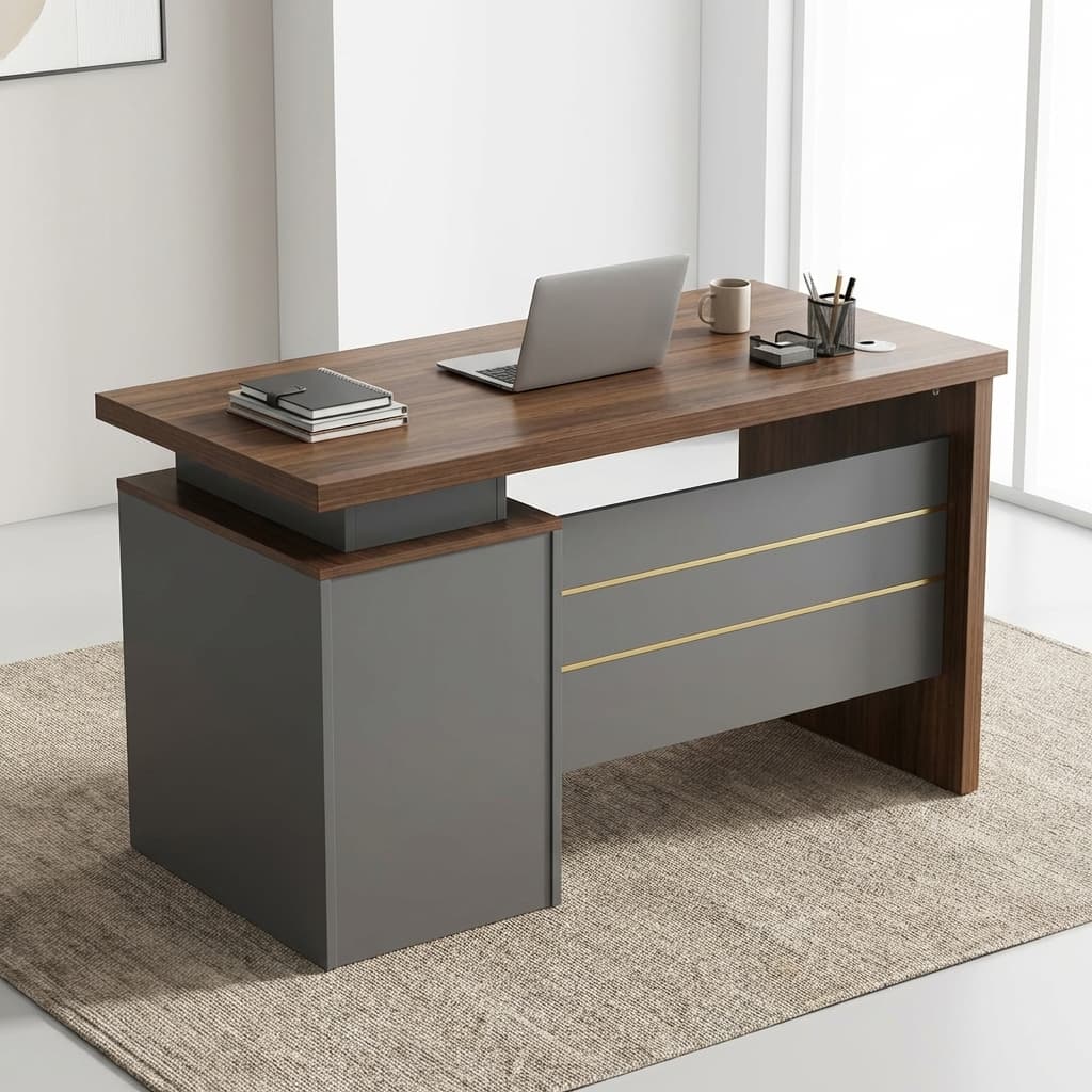 Executive Office Desk 120cm with 3 Drawers, modern wood-grain finish and gray executive design