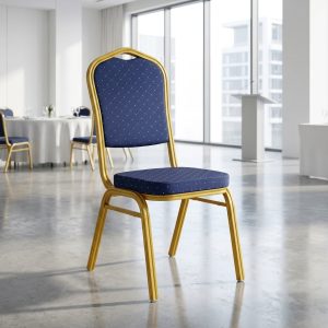 Banquet Stackable Chair with blue upholstery and gold frame