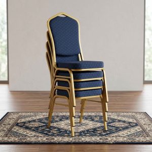 Banquet Stackable Chair with padded navy seat and backrest and elegant gold-tone metal frame