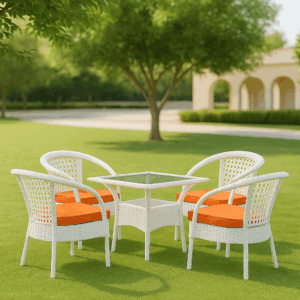 4-Seater White Rattan Outdoor Dining Set – With Glass-Top Table