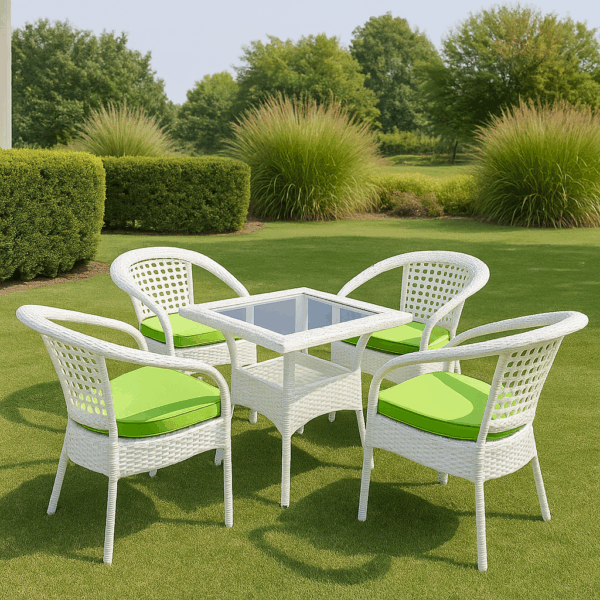4-Seater White Rattan Outdoor Dining Set – With Glass-Top Table - Image 2