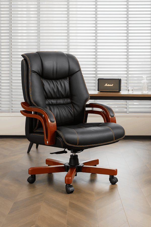 Executive Leather Office Chair – Black with Cherry Wood Finish