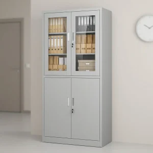 2-Door Modern Steel Filing Cabinet with glass upper doors, solid lower doors and multiple storage shelves