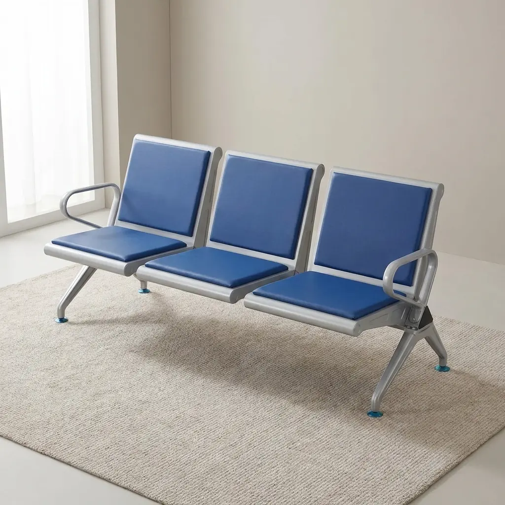3-Seater Waiting Room Bench with blue padded seats, backrests, armrests and durable metal frame