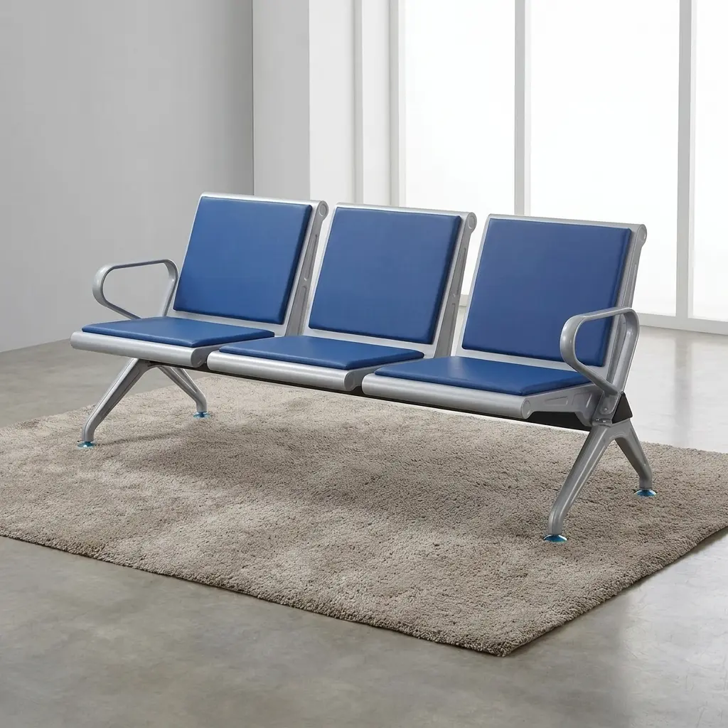 3-Seater Waiting Room Bench with blue padded seats, backrests, armrests and durable metal frame