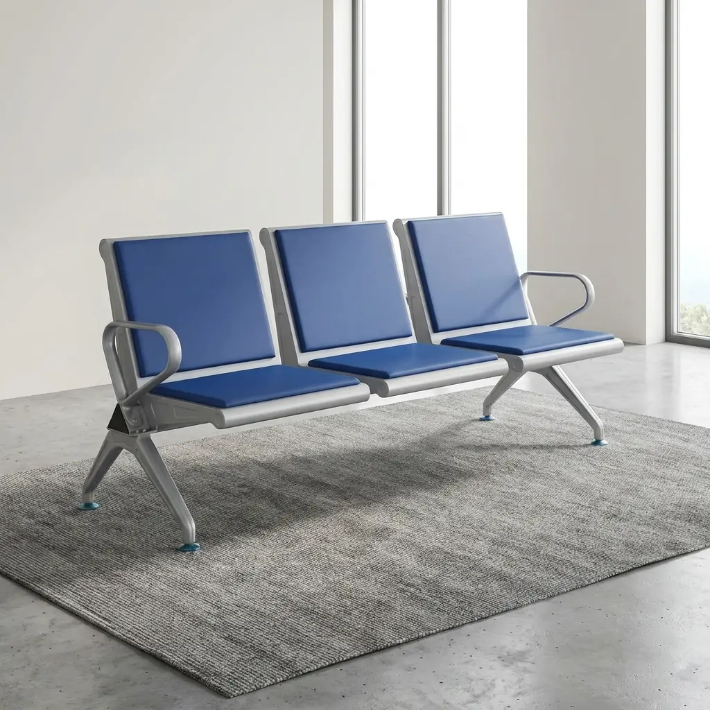 3-Seater Waiting Room Bench with blue padded seats, backrests, armrests and durable metal frame
