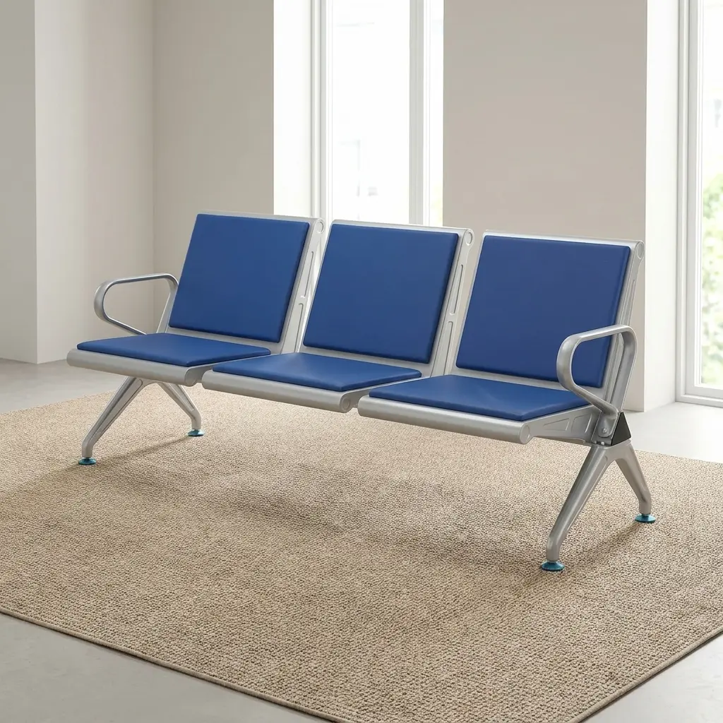 3-Seater Waiting Room Bench with blue padded seats, backrests, armrests and durable metal frame