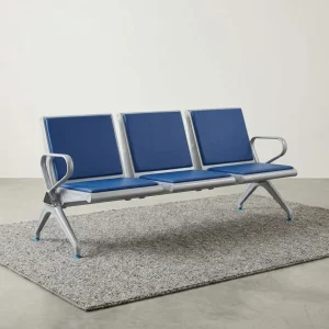 3-Seater Waiting Room Bench with blue padded seats, backrests, armrests and durable metal frame