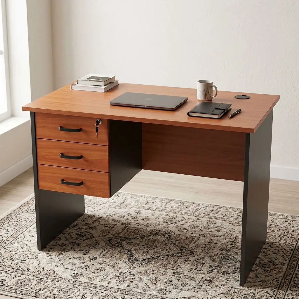 1m Home Office Desk with three drawers, wood-finish desktop and compact workstation design