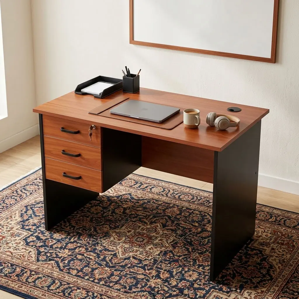 1m Home Office Desk with three drawers, wood-finish desktop and compact workstation design