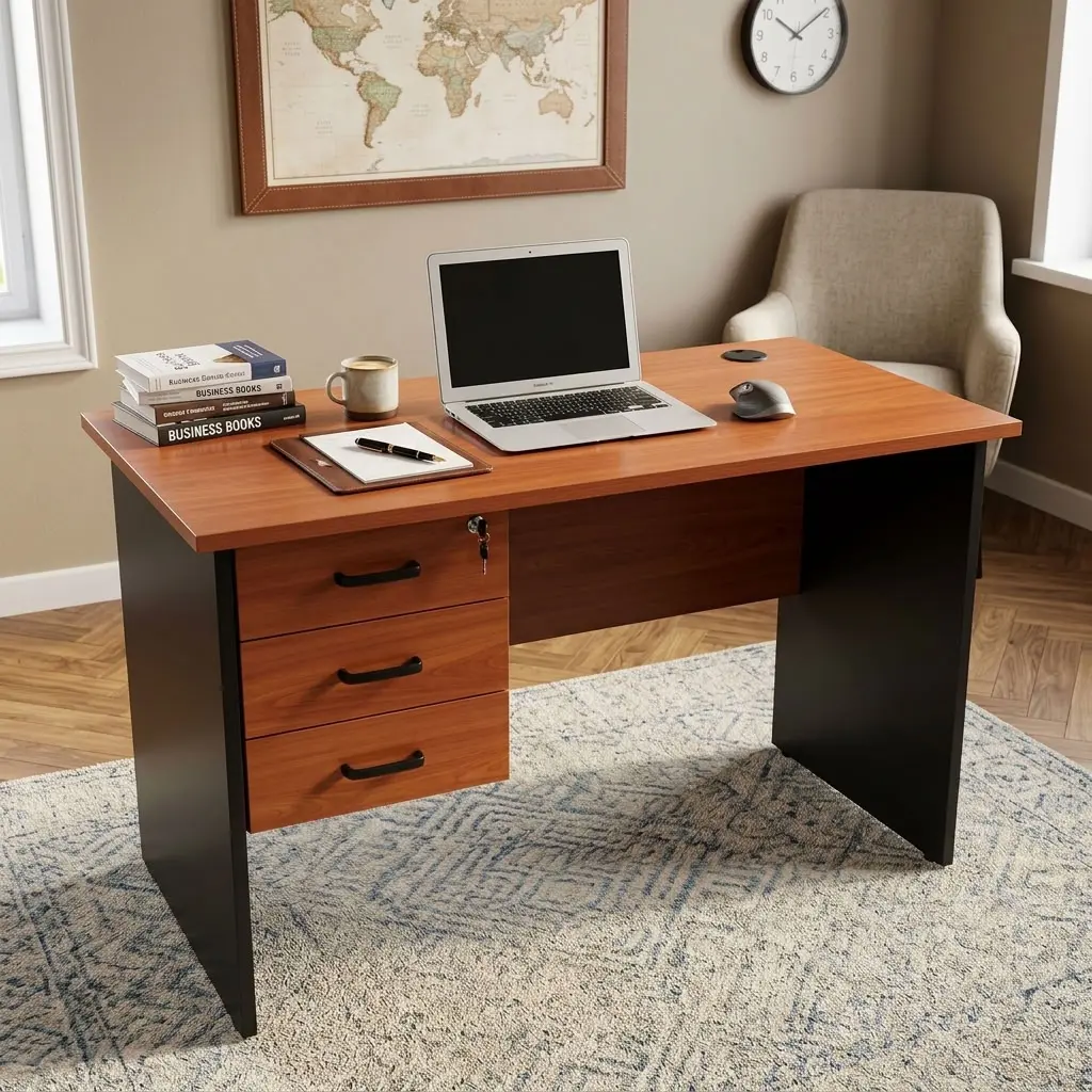 1m Home Office Desk with three drawers, wood-finish desktop and compact workstation design