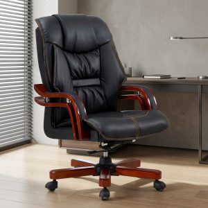 leatherette high back executive chair with wooden base