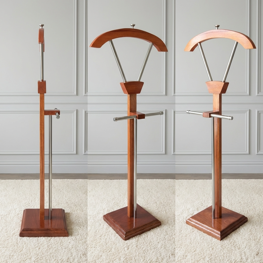 An Executive Office Suite Stand crafted from reddish-brown mahogany wood and chrome metal, featuring an arched top coat hanger and a square base pedestal.