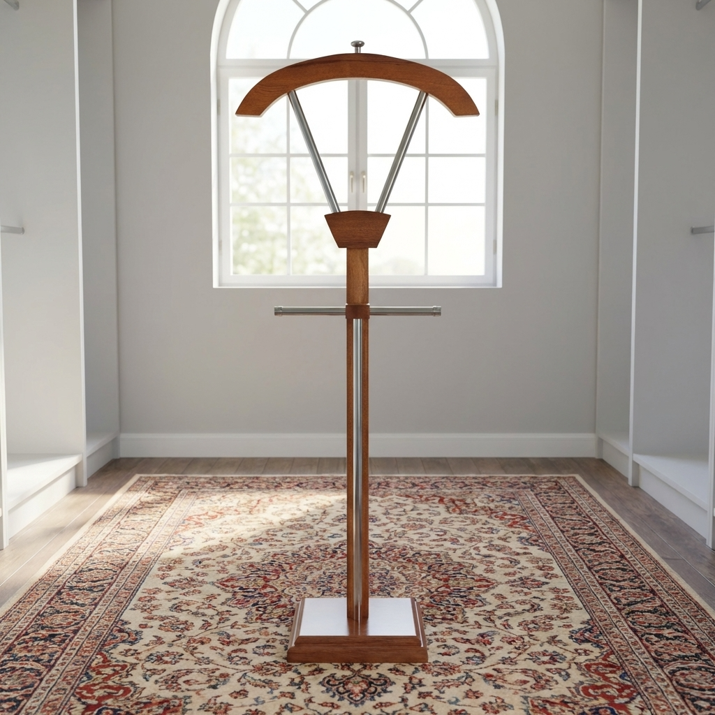 An Executive Office Suite Stand crafted from reddish-brown mahogany wood and chrome metal, featuring an arched top coat hanger and a square base pedestal.